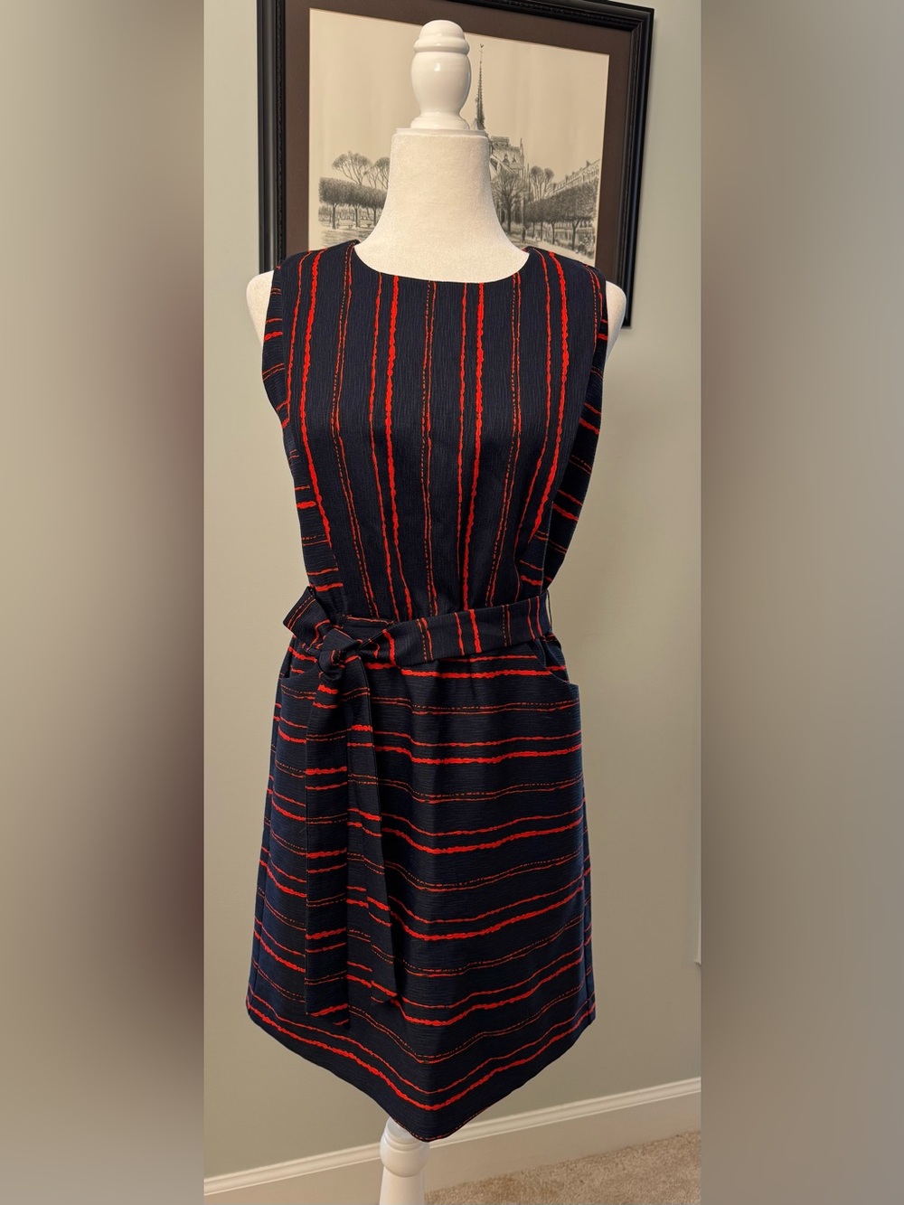 JADE by Melody Tam Navy & Red Striped Belted Midi Dress Size S